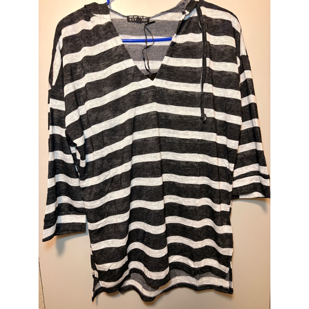 Poof New York Womens Black White Striped Hooded V-Neck Top Size Medium